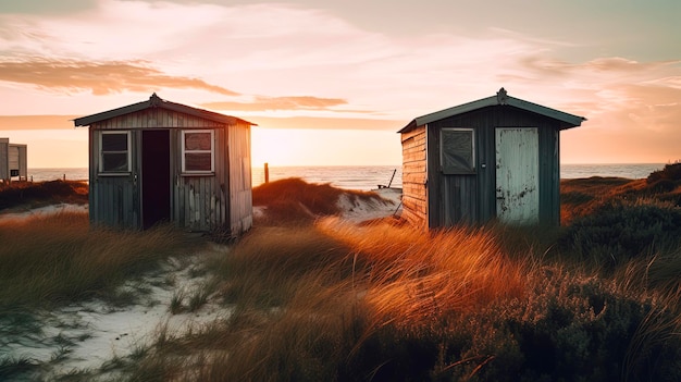 A beach hut with a sunset in the background