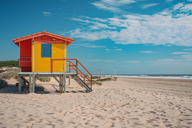 Beach Huts and Lifeguard Tower on the Sand