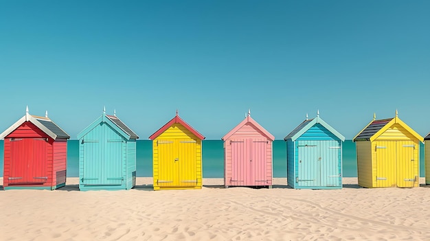 beach huts on the sand with a blue sky