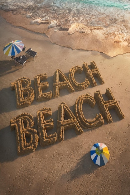 A beach is written in the sand with a beach umbrella