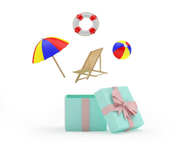 beach items fly out of an open gift box