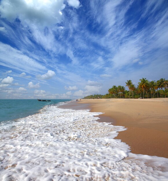 Beach landscape with fishermen in India