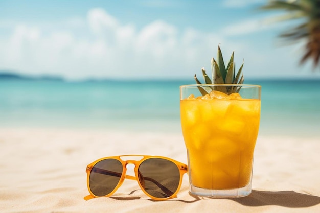 Beach landscape with sunglasses and refreshing drink