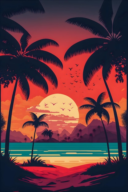 Beach landscape with sunrise retro illustration