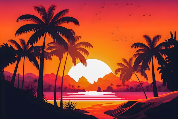 Beach landscape with sunrise retro illustration