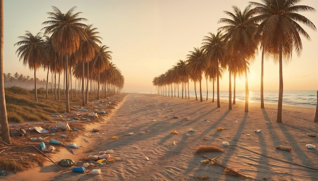 A beach lined with palm trees marred by scattered litter