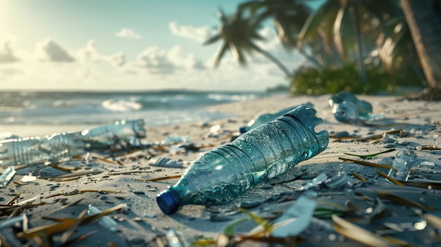 Photo a beach littered with plastic bottles and debris