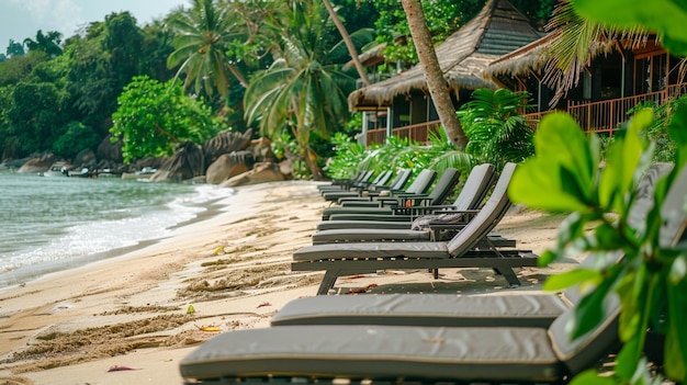 Photo beach loungers placed on a private hotel beach area