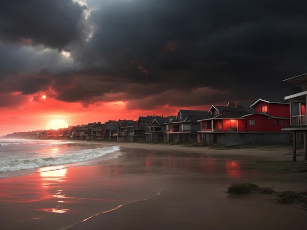 Beach many houses alone red Sun dark sky Raining creepy