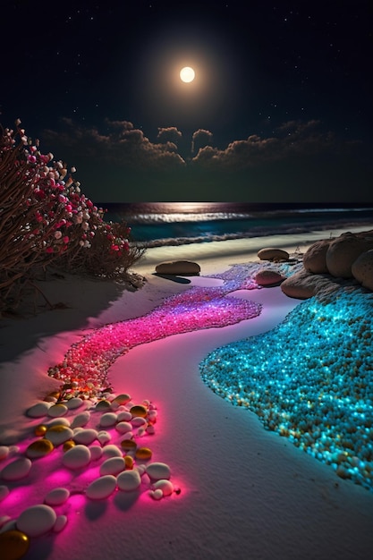 The beach at night is lit up with colorful stones and the moon.