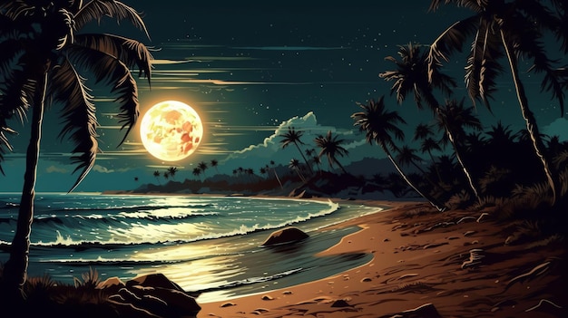 A beach at night with a full moon