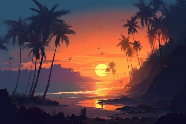 Beach palm tree sunset Generate Ai