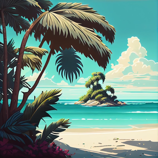 Beach and Palms on Tropical Island Illustration Generative AI