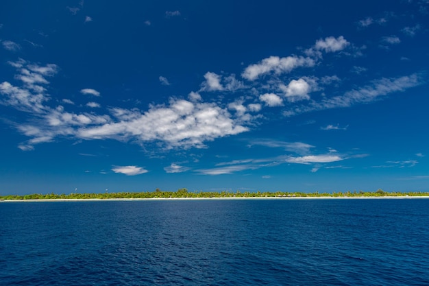 Beach panorama on tropical island with palm trees. Abstract wide angle view panoramic seascape