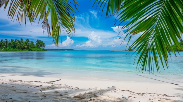 Beach Panorama with blue water and palm trees