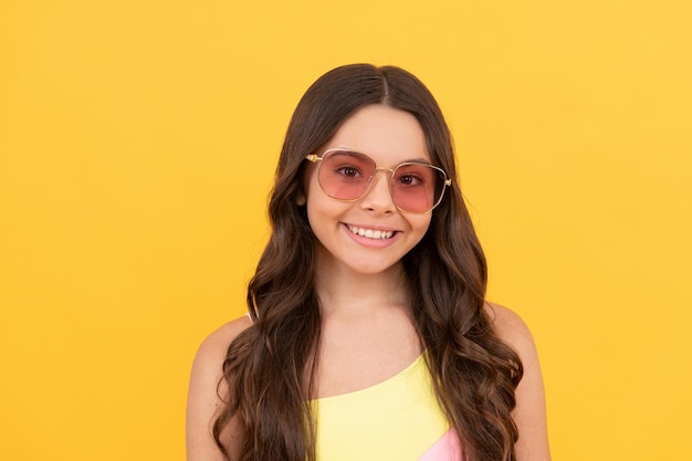 Beach party summer vacation beauty portrait face child with long hair wear glasses