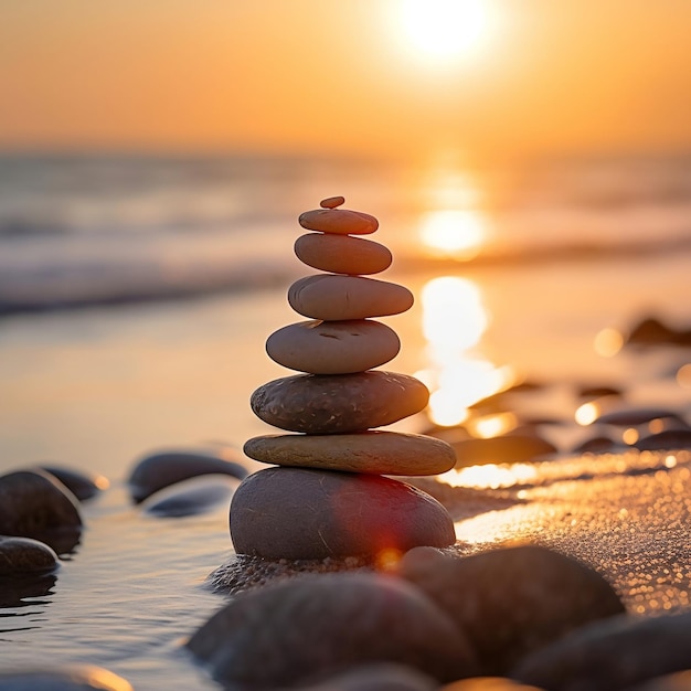 Beach Pebbles Stack at Sunrise Generative AI