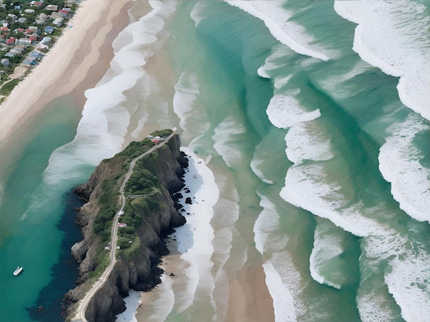 A beach and a peninsula surrounded by sea un an aerial view