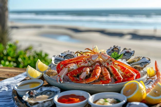 Photo beach picnic with fresh seafood platter oysters shrimp and crab legs with lemons and dip