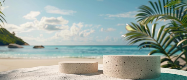 Beach podium concept Summer sand and tropical sea background with abstract stone podium empty podium stages for new product presentation