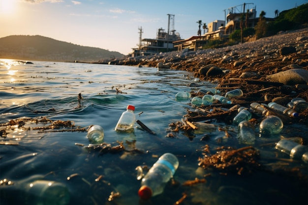 Beach pollution depicted with plastic bottles and trash littering the shoreline