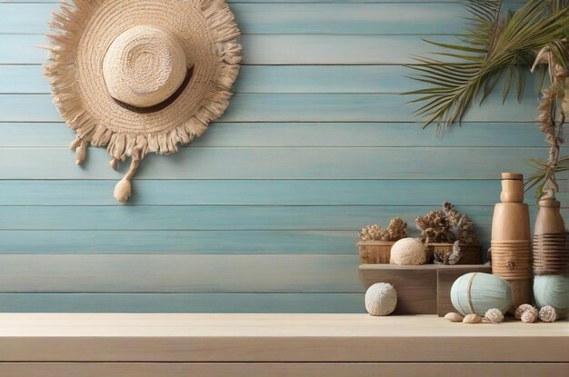 Beach product background with wooden counter for product presentation