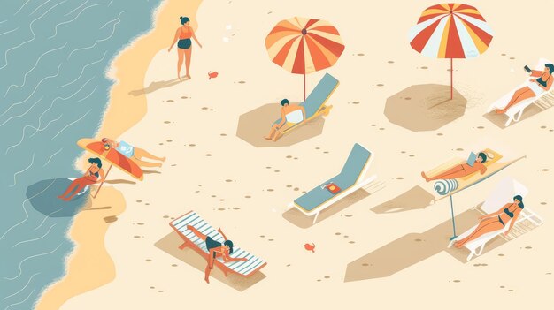 Photo beach relaxation with illustrations of a sandy beach sun loungers umbrellas and people relaxing in the sun