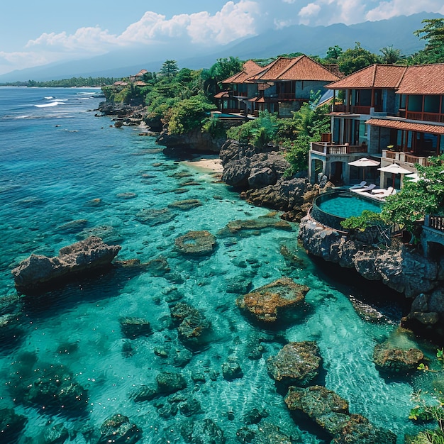 a beach resort with a pool and a house with a beach in the background