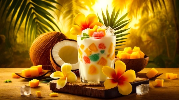 Beach ResortThemed Refreshment Coconut Drink and Tropical Flowers