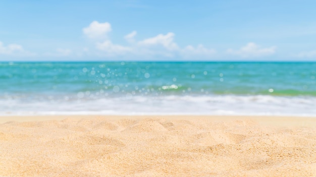 Beach sand seaside blurred blue sea and sky on daylight in summer season