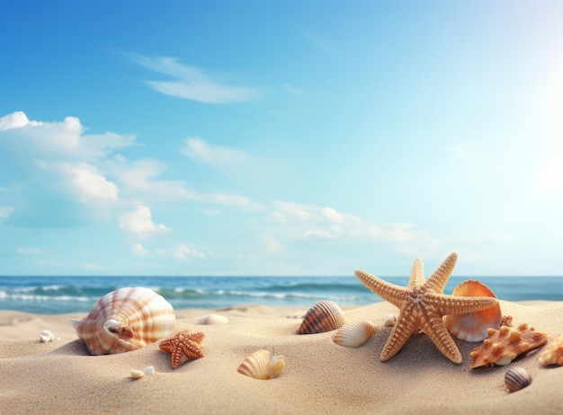 Beach sand with stars and shells Illustration AI Generative