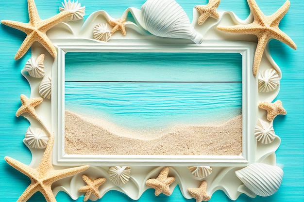 Beach scene concept with sea shells and starfish on a blue wooden board background top view Generative AI