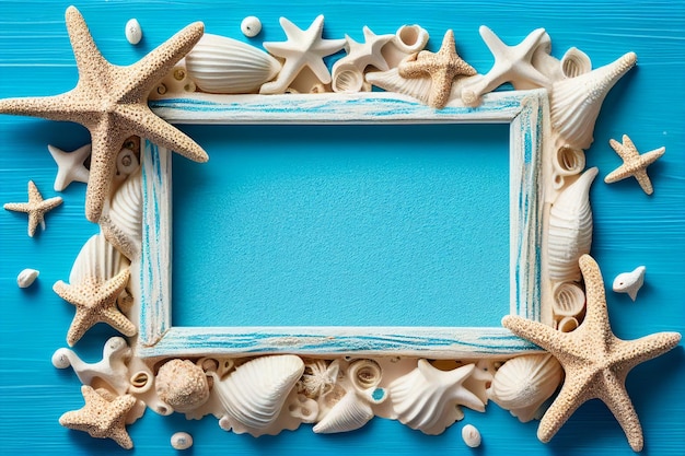 Beach scene concept with sea shells and starfish on a blue wooden board background top view Generative AI