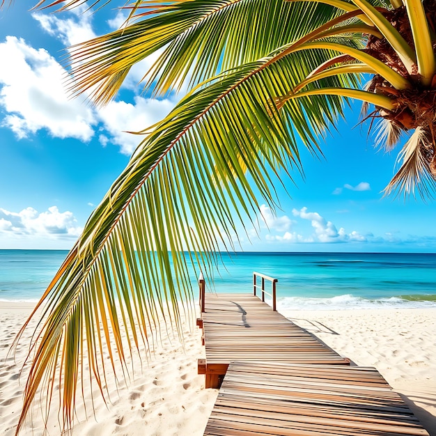 Photo beach scene tropical palm leaves wooden platform on sandy beach ocean horizon bright sky with cl