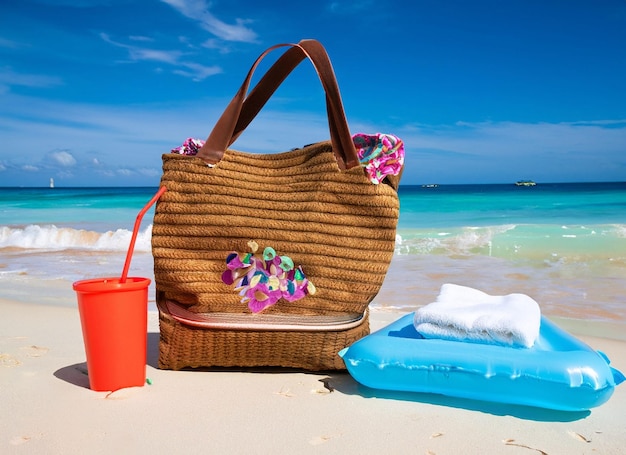 A beach scene with a bag and a drink with a straw.