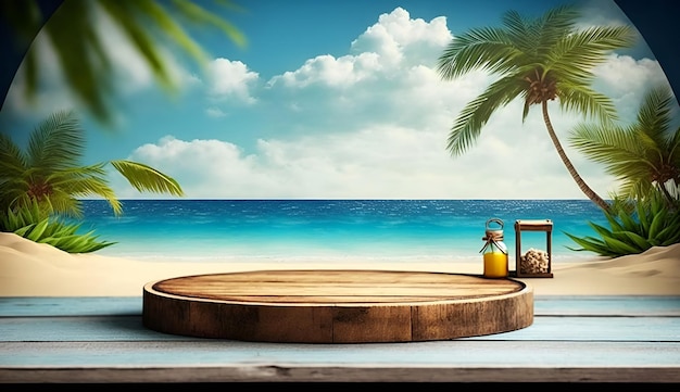 A beach scene with a bathtub and a palm tree on the right.