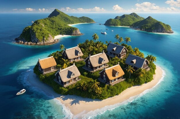 Photo a beach scene with a beach and a beach house with a palm tree on the left