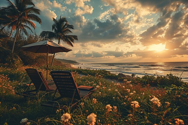 a beach scene with a beach chair and umbrella that says sunset