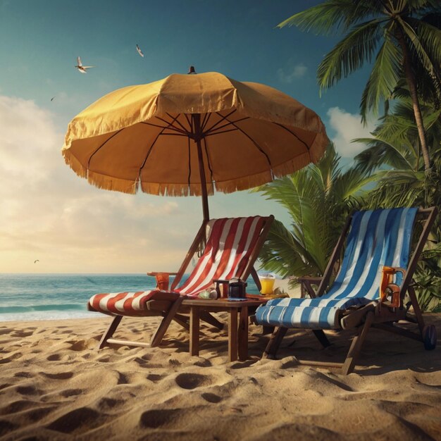 a beach scene with a beach chair and an umbrella