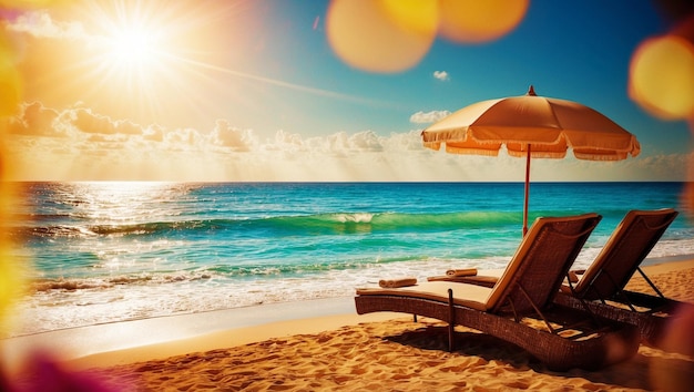 a beach scene with a beach chair and umbrellas