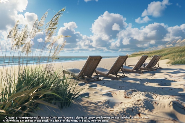 a beach scene with beach chairs and the words  the beach  on the sand