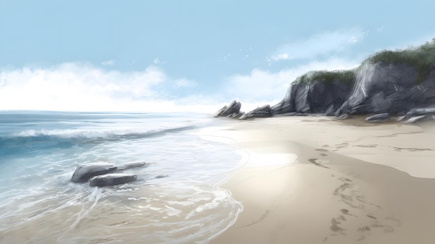 A beach scene with a beach and a cliff in the background.