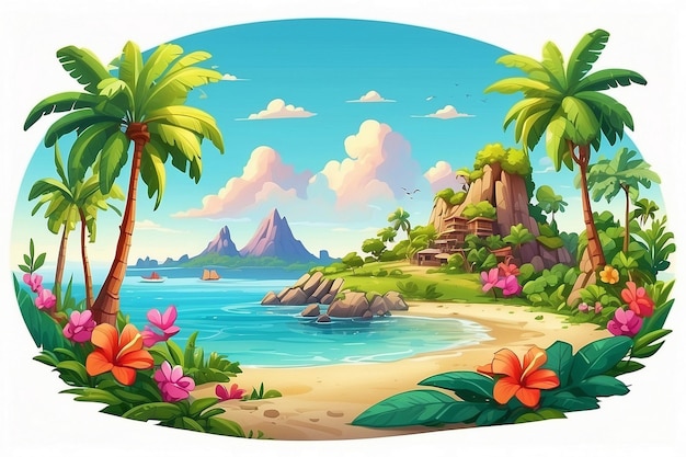 a beach scene with a beach and mountains in the background