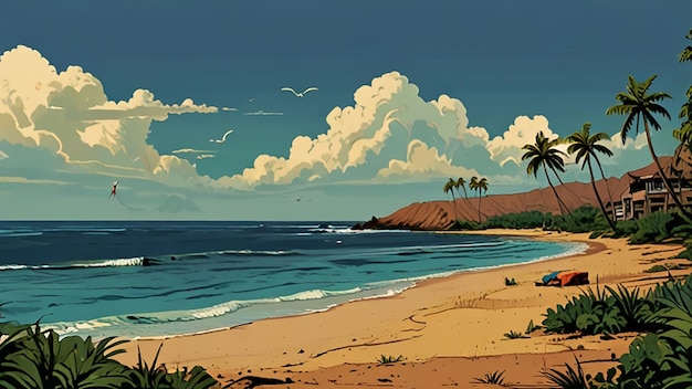 a beach scene with a beach and palm trees