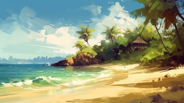 A beach scene with a beach and palm trees.