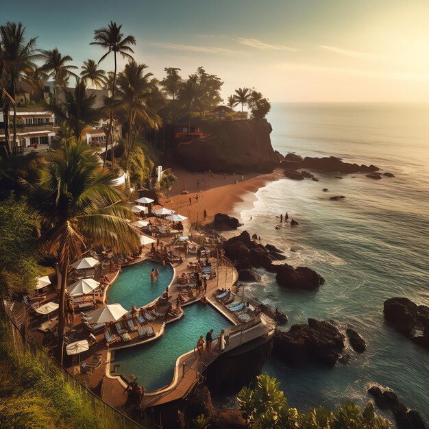 Photo a beach scene with a beach resort and palm trees