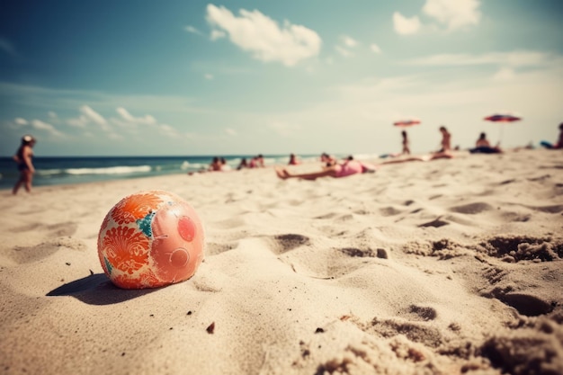 A beach scene with a beach scene and a ball on it.