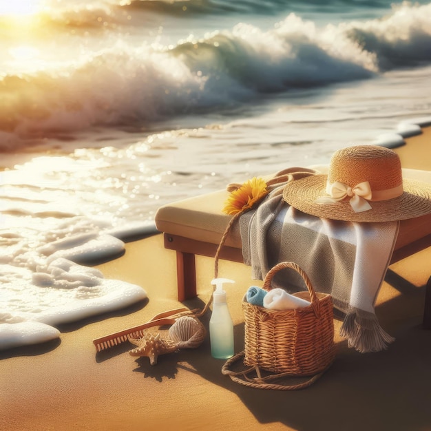 Photo a beach scene with a beach scene and a basket of towels and a straw hat