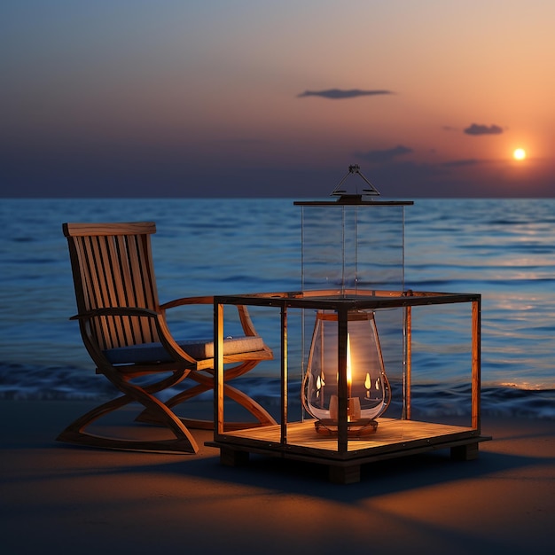 a beach scene with a beach scene and a chair and a lantern