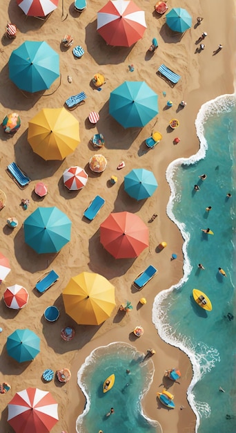 a beach scene with a beach scene with a beach scene and a beach scene with umbrellas and people